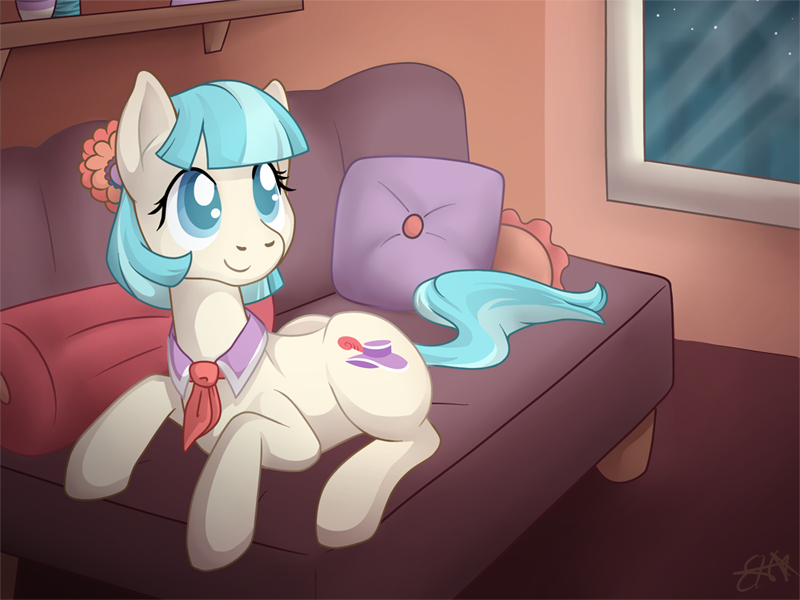 Size: 800x600 | Tagged: artist:oemilythepenguino, coco pommel, couch, derpibooru import, pillow, prone, safe, solo, window