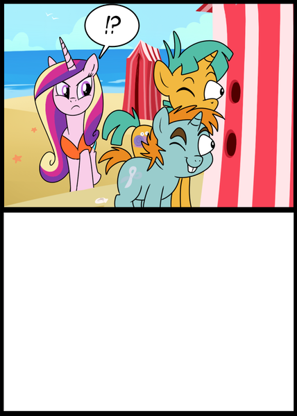 Size: 713x1000 | Tagged: artist:madmax, beach, clothes, derpibooru import, exploitable meme, meme, one-piece swimsuit, princess cadance, safe, snails, snips, snips and snails spying meme, swimsuit, template, voyeur