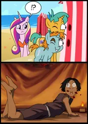 Size: 428x600 | Tagged: avatar the last airbender, beach, clothes, derpibooru import, exploitable meme, meme, obligatory pony, one-piece swimsuit, princess cadance, safe, snails, snips, snips and snails spying meme, sokka, swimsuit, voyeur