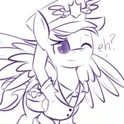 Size: 1000x1000 | Tagged: safe, artist:lilliesinthegarden, derpibooru import, care package, special delivery, pony, clothes, cute, hat, mailbag, mailpony, male, monochrome, saddle bag, sketch, smiling, solo, spread wings, stallion, uniform, wink