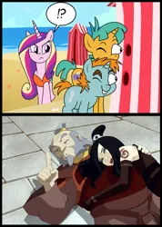 Size: 713x1000 | Tagged: avatar the last airbender, clothes, derpibooru import, exploitable meme, iroh, june, meme, princess cadance, safe, snails, snips, snips and snails spying meme, swimsuit