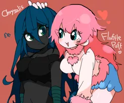 Size: 600x501 | Tagged: safe, derpibooru import, queen chrysalis, oc, oc:fluffle puff, equestria girls, breasts, busty fluffle puff, canon x oc, chrysipuff, clothes, cute, cutealis, equestria girls-ified, female, flufflebetes, heart, lesbian, red background, shipping, simple background