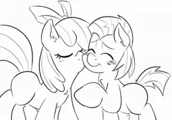 Size: 960x669 | Tagged: apple bloom, appleseed, artist needed, babs seed, derpibooru import, female, incest, kissing, lesbian, monochrome, safe, shipping, source needed