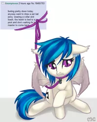 Size: 556x700 | Tagged: safe, artist:mcponyponypony, derpibooru import, vinyl scratch, bat pony, pony, /mlp/, 4chan, collar, leash, pet, pet tag, pony pet, post, pun, race swap, solo, vinylbat, visual pun