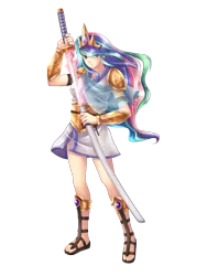 Size: 922x1229 | Tagged: armor, artist:yatonokami, clothes, commission, derpibooru import, feet, female, human, humanized, katana, looking at you, magic, princess celestia, safe, sandals, simple background, solo, sword, transparent background, warrior celestia, weapon