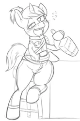 Size: 444x671 | Tagged: suggestive, artist:thatdarnpony, derpibooru import, oc, oc:littlepip, unofficial characters only, pony, unicorn, fallout equestria, fanfic, alcohol, black and white, blushing, bottle, chubby, clothes, drunk, fanfic art, female, grayscale, hooves, horn, mare, monochrome, open mouth, pipbuck, ponytail, simple background, solo, teeth, vault suit, white background, wide hips