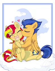 Size: 1280x1656 | Tagged: safe, artist:inkie-heart, derpibooru import, flash sentry, sunset shimmer, pegasus, pony, unicorn, anime battle thread, blushing, cloud, cloudy, cute, diasentres, eyes closed, female, flashimmer, happy, heart, hug, kiss on the cheek, kissing, male, open mouth, shimmerbetes, shipping, sitting, smiling, straight, underhoof, winghug