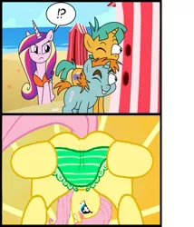 Size: 513x600 | Tagged: suggestive, artist:madmax, artist:tiarawhy, derpibooru import, fluttershy, princess cadance, snails, snips, pony, unicorn, beach, blushing, clothes, colt, exploitable meme, female, frilly underwear, male, mare, meme, one-piece swimsuit, panties, panties pulled down, pantsu.html, plot, snips and snails spying meme, swimsuit, template, underwear, voyeur, voyeurism