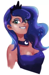 Size: 334x511 | Tagged: artist:halogenkn, beautiful, beautiful eyes, beautiful hair, bedroom eyes, blue eyes, blue eyeshadow, blue hair, blue lipstick, breasts, bust, cleavage, clothes, collar, crown, cute, derpibooru import, dress, eyeshadow, female, human, humanized, lipstick, looking at you, makeup, princess luna, safe, simple background, smiling, solo, white background, woman
