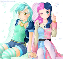 Size: 4200x3900 | Tagged: safe, artist:monicherrie, derpibooru import, bon bon, lyra heartstrings, sweetie drops, human, blushing, bracelet, candy, clothes, colored pupils, dress, female, food, holding hands, humanized, jewelry, lesbian, looking at you, lyrabon, one eye closed, shipping, smiling, socks, striped socks, wink