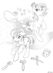 Size: 1651x2251 | Tagged: dead source, safe, artist:mlpanon, derpibooru import, coco pommel, rarity, spike, earth pony, pony, unicorn, rarity takes manehattan, bedroom eyes, chalk, cloth, fabric, floppy ears, measuring tape, monochrome, pin, pincushion, pincushion spike, pins, raised hoof, scissors, simple background, sketch, smiling, string, thread, white background