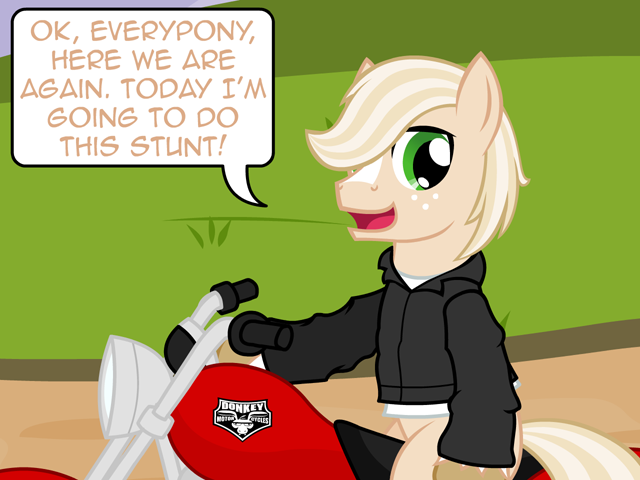 Size: 640x480 | Tagged: safe, artist:aha-mccoy, derpibooru import, oc, oc:jay aaron mclovin, unofficial characters only, earth pony, pony, nopony-ask-mclovin, male, motorcycle, solo, speech bubble, stallion