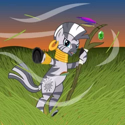 Size: 2900x2900 | Tagged: artist:cheezedoodle96, bipedal, druid, dungeons and dragons, safe, solo, staff, sunset, vector, wind, zebra, zecora