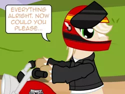 Size: 640x480 | Tagged: safe, artist:aha-mccoy, derpibooru import, oc, oc:jay aaron mclovin, unofficial characters only, earth pony, pony, nopony-ask-mclovin, helmet, male, motorcycle, motorcycle helmet, solo, speech bubble, stallion