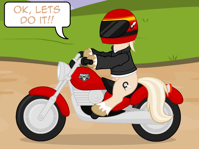 Size: 640x480 | Tagged: safe, artist:aha-mccoy, derpibooru import, oc, oc:jay aaron mclovin, unofficial characters only, earth pony, pony, nopony-ask-mclovin, helmet, male, motorcycle, motorcycle helmet, solo, speech bubble, stallion