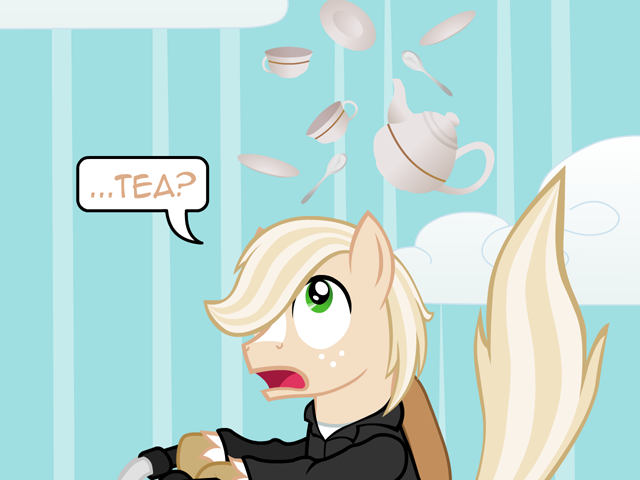 Size: 640x480 | Tagged: safe, artist:aha-mccoy, derpibooru import, oc, oc:jay aaron mclovin, unofficial characters only, earth pony, pony, nopony-ask-mclovin, cup, falling, male, saucer, solo, speech bubble, stallion, teacup, teapot