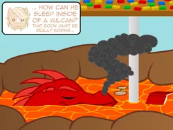 Size: 640x480 | Tagged: artist:aha-mccoy, derpibooru import, dragon, lava, lava bathing, oc, oc:jay aaron mclovin, oc:leroy, offscreen character, safe, sleeping, unofficial characters only, volcano