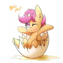 Size: 1500x1500 | Tagged: artist:joycall6, cute, cutealoo, derpibooru import, egg, hatching, hatchling, joycall3 is trying to murder us, safe, scootachicken, scootaloo, simple background, solo