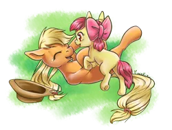 Size: 950x720 | Tagged: adorabloom, apple bloom, applejack, artist:moenkin, cute, derpibooru import, happy, playing, safe, simple background, transparent background