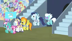 Size: 1266x720 | Tagged: safe, derpibooru import, screencap, amethyst star, blues, crystal arrow, crystal beau, daisy, dizzy twister, doctor whooves, don neigh, fleetfoot, flower wishes, fruit pack, goldengrape, happy khaki, ivory, ivory rook, lemon hearts, lucky clover, minuette, night knight, noteworthy, orange swirl, roseluck, ruby splash, shining armor, sir colton vines iii, soarin', spitfire, spring melody, spring step, sprinkle medley, sunlight spring, time turner, trail blazer, unnamed pony, crystal pony, pony, equestria games (episode), background pony, equestria games, flying, sunglasses, wonderbolts