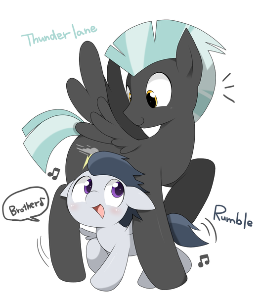 Size: 1100x1246 | Tagged: safe, artist:oniku, derpibooru import, rumble, thunderlane, pegasus, pony, brothers, colt, cute, male, music notes, rumblebetes, simple background, speech bubble, stallion, thunderbetes, white background