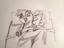 Size: 855x641 | Tagged: safe, artist:failure, derpibooru import, gilda, pinkie pie, gryphon, bed, female, gildapie, lesbian, /mlp/, monochrome, morning after, non-consensual cuddling, pillow, regret, sketch, traditional art