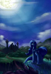 Size: 1950x2850 | Tagged: artist:grennadder, castle, castle of the royal pony sisters, crepuscular rays, crying, derpibooru import, everfree forest, mare in the moon, moon, night, princess luna, sad, safe, scenery, solo