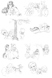 Size: 2000x2969 | Tagged: safe, artist:dstears, derpibooru import, applejack, fluttershy, pinkie pie, princess luna, rainbow dash, rarity, twilight sparkle, twilight sparkle (alicorn), alicorn, owl, pony, rabbit, applebucking, crossover, eeyore, facepalm, female, kanga, mare, monochrome, piglet, roo, stuck, this will end in tears, tigger, winnie the pooh