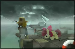 Size: 2000x1320 | Tagged: apple bloom, artist:vulfixeven, boat, dark, derpibooru import, fishing, fog, harbor, safe