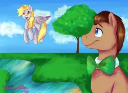 Size: 5456x4000 | Tagged: safe, artist:caranella, derpibooru import, derpy hooves, doctor whooves, time turner, pegasus, pony, cloud, cloudy, doctorderpy, female, flying, male, mare, shipping, straight, tree