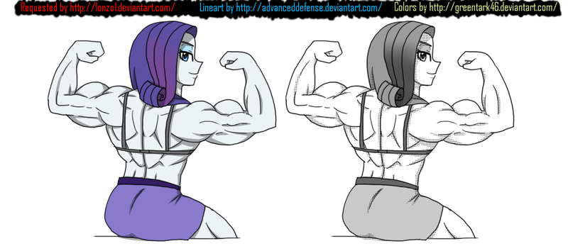 Size: 1459x632 | Tagged: suggestive, artist:advanceddefense, artist:greentark46, derpibooru import, rarity, equestria girls, back, bra, clothes, colored, female, fetish, flexing, monochrome, muscle fetish, muscles, overdeveloped muscles, ripped rarity, sitting, skirt, solo, solo female, topless, underwear