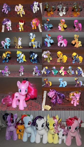 Size: 4000x6970 | Tagged: safe, derpibooru import, apple bloom, applejack, bon bon, cherry cola, cherry fizzy, fluttershy, gilda, pinkie pie, rainbow dash, rarity, roseluck, scootaloo, soarin', spitfire, sweetie belle, sweetie drops, trixie, twilight sparkle, twilight sparkle (alicorn), zecora, alicorn, earth pony, gryphon, pegasus, pony, unicorn, zebra, absurd resolution, brushable, cutie mark crusaders, female, figurine, gothic pinkie, irl, mane six, mare, photo, toy