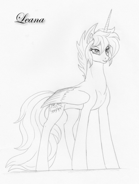 Size: 1056x1400 | Tagged: safe, artist:leovictor, derpibooru import, scootaloo, alicorn, pony, alicornified, monochrome, race swap, scootacorn, solo, tomboy, traditional art