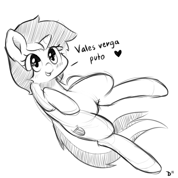 Size: 3000x3000 | Tagged: safe, artist:marble-soda, derpibooru import, lyra heartstrings, pony, unicorn, cute, dialogue, female, heart, lyrabetes, mare, monochrome, open mouth, puto, smiling, solo, spanish, vuldorable, vulgar