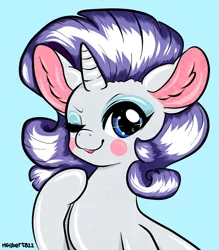 Size: 1280x1459 | Tagged: artist:hyenababe, blushing, derpibooru import, impossibly large ears, rarity, safe, solo, wink
