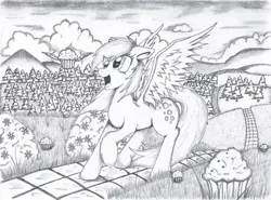 Size: 1024x757 | Tagged: safe, artist:corvostawr, derpibooru import, derpy hooves, pegasus, pony, female, giant muffin, mare, monochrome, muffin, road, traditional art, tree