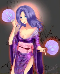 Size: 1024x1276 | Tagged: artist:mia-doof, breasts, busty rarity, cleavage, clothes, cutie mark, cutie mark on human, dead source, derpibooru import, fan, female, human, humanized, kimono (clothing), lightly watermarked, light skin, rarity, solo, solo female, suggestive, text, watermark