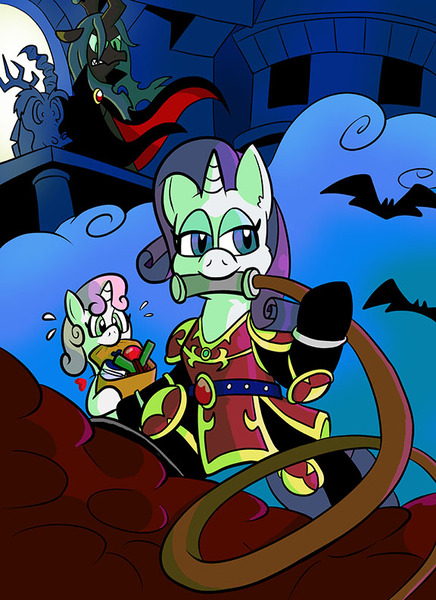 Size: 576x792 | Tagged: artist:pembroke, box art, castle mane-ia, castlevania, castlevania ii, cover art, crossover, derpibooru import, discord, dracula, konami, nintendo entertainment system, queen chrysalis, rarity, safe, simon belmont, simon's quest, sweetie belle, whip