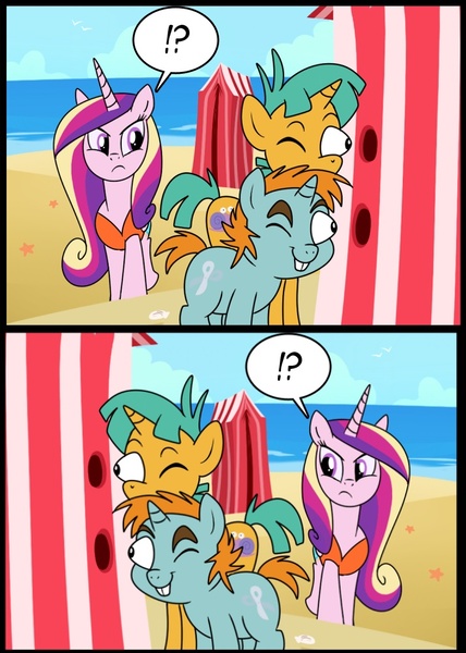 Size: 713x1000 | Tagged: clothes, derpibooru import, exploitable meme, meme, mirrored image, princess cadance, safe, snails, snips, snips and snails spying meme, swimsuit