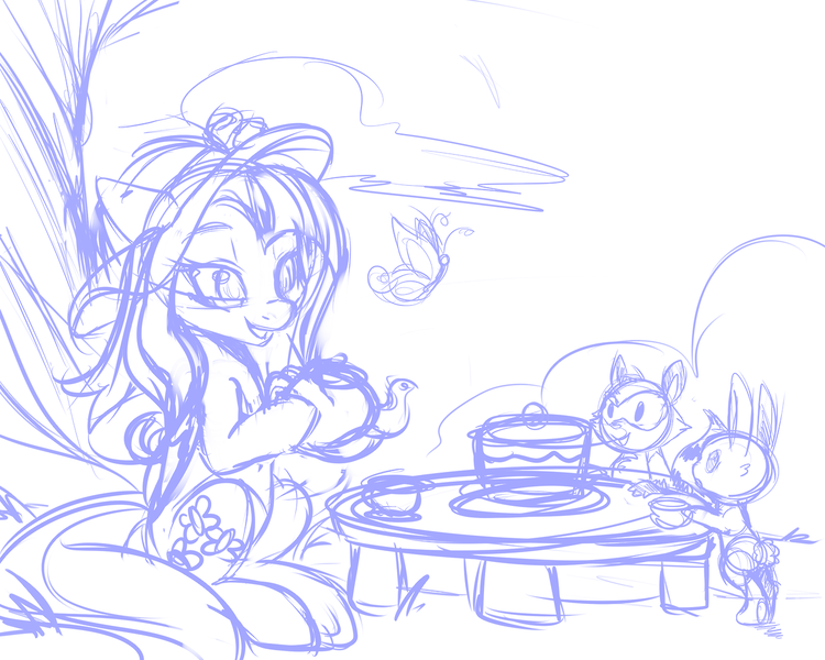 Size: 1280x1024 | Tagged: artist:lustrous-dreams, butterfly, cake, derpibooru import, fluttershy, hat, monochrome, rabbit, raccoon, safe, sketch, tea, teacup, tea party, teapot