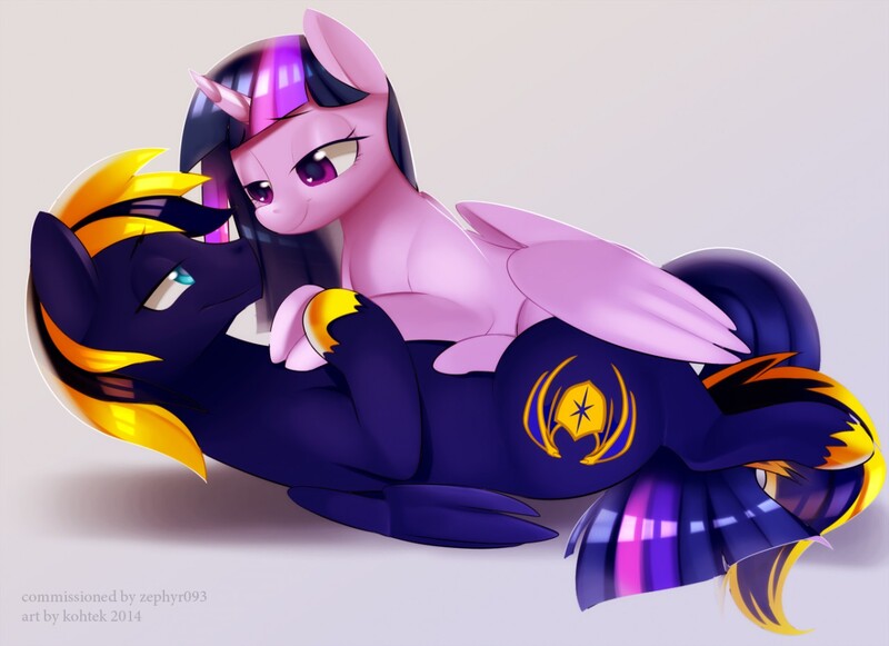 Size: 1280x930 | Tagged: safe, artist:si1vr, derpibooru import, twilight sparkle, twilight sparkle (alicorn), oc, oc:zephyr, alicorn, pony, bedroom eyes, canon x oc, cuddling, eye contact, female, mare, on back, on top, prone, size difference, smiling, snuggling, twiphyr