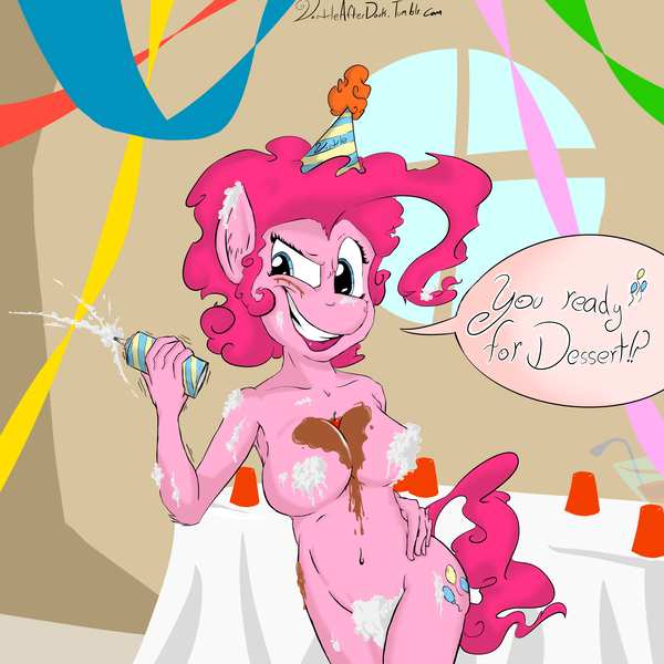 Size: 5000x5000 | Tagged: absurd resolution, anthro, artist:vastile, breasts, cherry, chocolate syrup, derpibooru import, female, foodplay, hat, nudity, party hat, pinkie pie, solo, solo female, strategically covered, suggestive, whipped cream