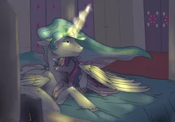 Size: 1280x896 | Tagged: safe, artist:backlash91, artist:denmawarlight, derpibooru import, princess celestia, twilight sparkle, twilight sparkle (alicorn), alicorn, pony, bed, eyes closed, female, four-limbed hug, glowing horn, hug, mare, momlestia, normal eyes, snuggling, winghug