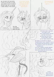 Size: 992x1400 | Tagged: safe, artist:leovictor, derpibooru import, nightmare moon, scootaloo, oc, oc:nyx, alicorn, pony, alicorn oc, alicornified, alternate hairstyle, gi, grin, gritted teeth, long mane, looking at you, looking back, monochrome, race swap, scared, scootacorn, smiling, tail wrap, traditional art, wide eyes