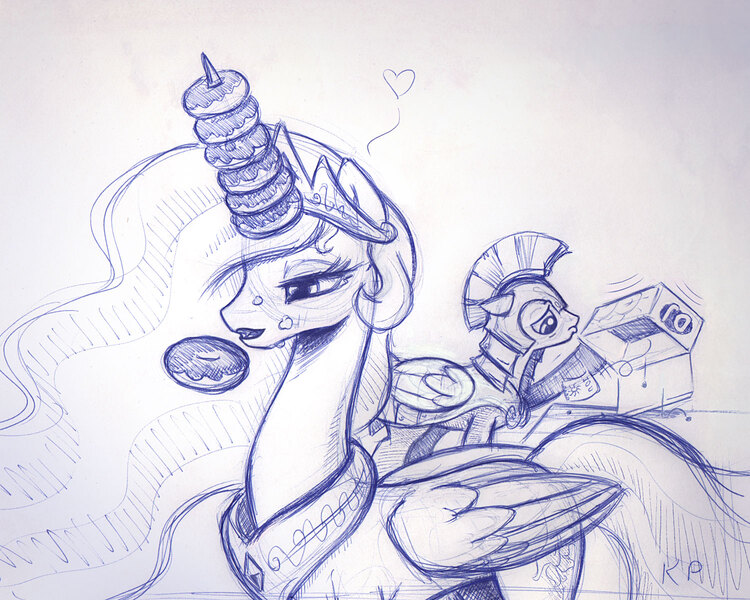 Size: 1500x1200 | Tagged: safe, artist:kp-shadowsquirrel, derpibooru import, princess celestia, alicorn, pony, ballpoint pen, bedroom eyes, cake, cakelestia, cute, cutelestia, donut, donutlestia, eating, floppy ears, frown, horn, horn impalement, iou, messy eating, monochrome, royal guard, sad, sillestia, sketch, smiling, the uses of unicorn horns, traditional art, trollestia