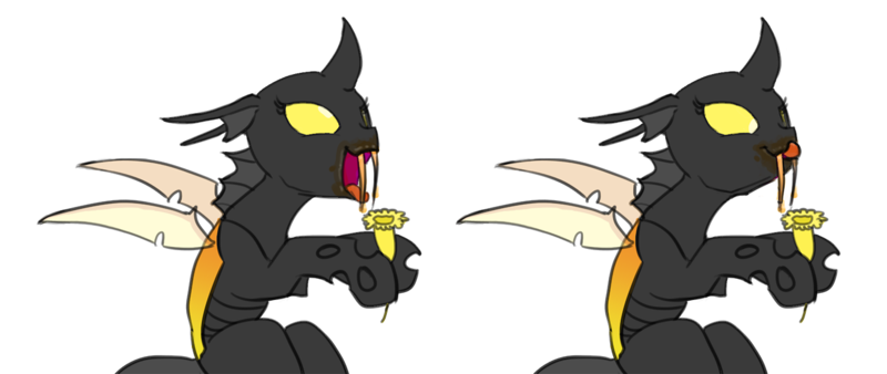 Size: 1300x550 | Tagged: safe, artist:carnifex, derpibooru import, oc, unofficial characters only, changeling, changeling slime, cute, drool, fangs, female, flower, honeycomb hive, hoof hold, licking lips, mlem, nectar, open mouth, silly, simple background, smiling, tongue out, transparent background, yellow changeling