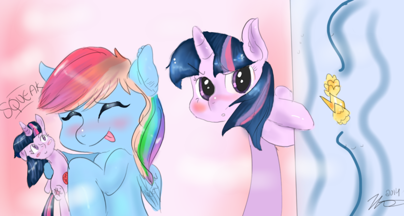 Size: 1280x684 | Tagged: safe, artist:mrscurlystyles, derpibooru import, rainbow dash, twilight sparkle, twilight sparkle (alicorn), alicorn, pony, blushing, doll, female, lesbian, mare, shipping, twidash