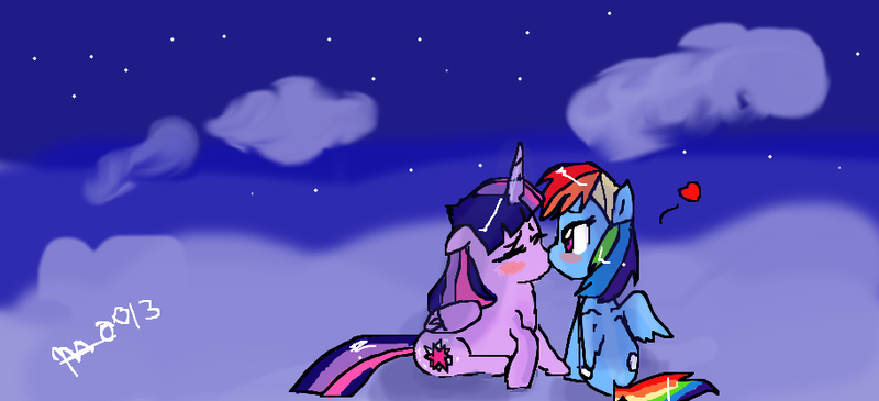 Size: 913x417 | Tagged: safe, artist:mrscurlystyles, derpibooru import, rainbow dash, twilight sparkle, twilight sparkle (alicorn), alicorn, pony, blushing, female, kissing, lesbian, mare, shipping, twidash