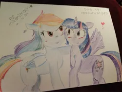 Size: 3264x2448 | Tagged: safe, artist:mrscurlystyles, derpibooru import, rainbow dash, twilight sparkle, twilight sparkle (alicorn), alicorn, pony, blushing, female, lesbian, mare, shipping, traditional art, twidash