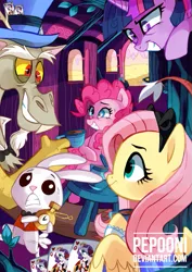 Size: 511x723 | Tagged: safe, artist:pepooni, derpibooru import, angel bunny, discord, fluttershy, pinkie pie, twilight sparkle, twilight sparkle (alicorn), alicorn, pony, alice in wonderland, card, cheshire cat, clothes, crossover, cup, dress, female, hat, mad hatter, mare, pocket watch, tea, tea party, teacup, top hat, watch, white rabbit